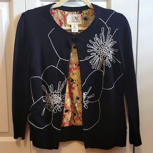 Anthropologie - TABATHA black embroidered cardigan sweater with floral lining